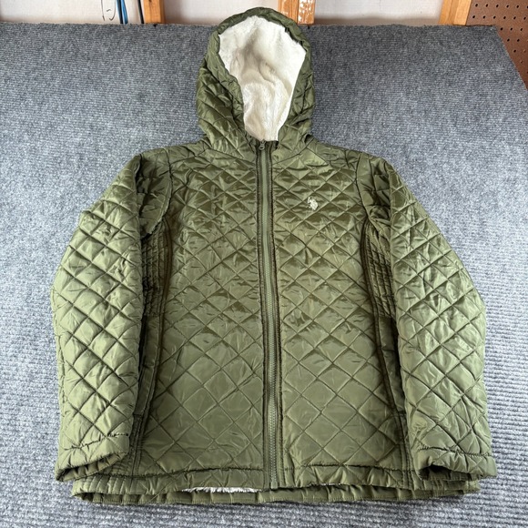 U.S. Polo Assn. Jackets & Blazers - US Polo Assn Womens Small Olive Green Quilted Puffer Jacket Hooded Sherpa Lined